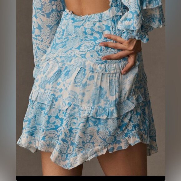 Anthropologie Long-Sleeve Backless Sheer Ruffle Mini Dress Size L - Picture 4 of 8